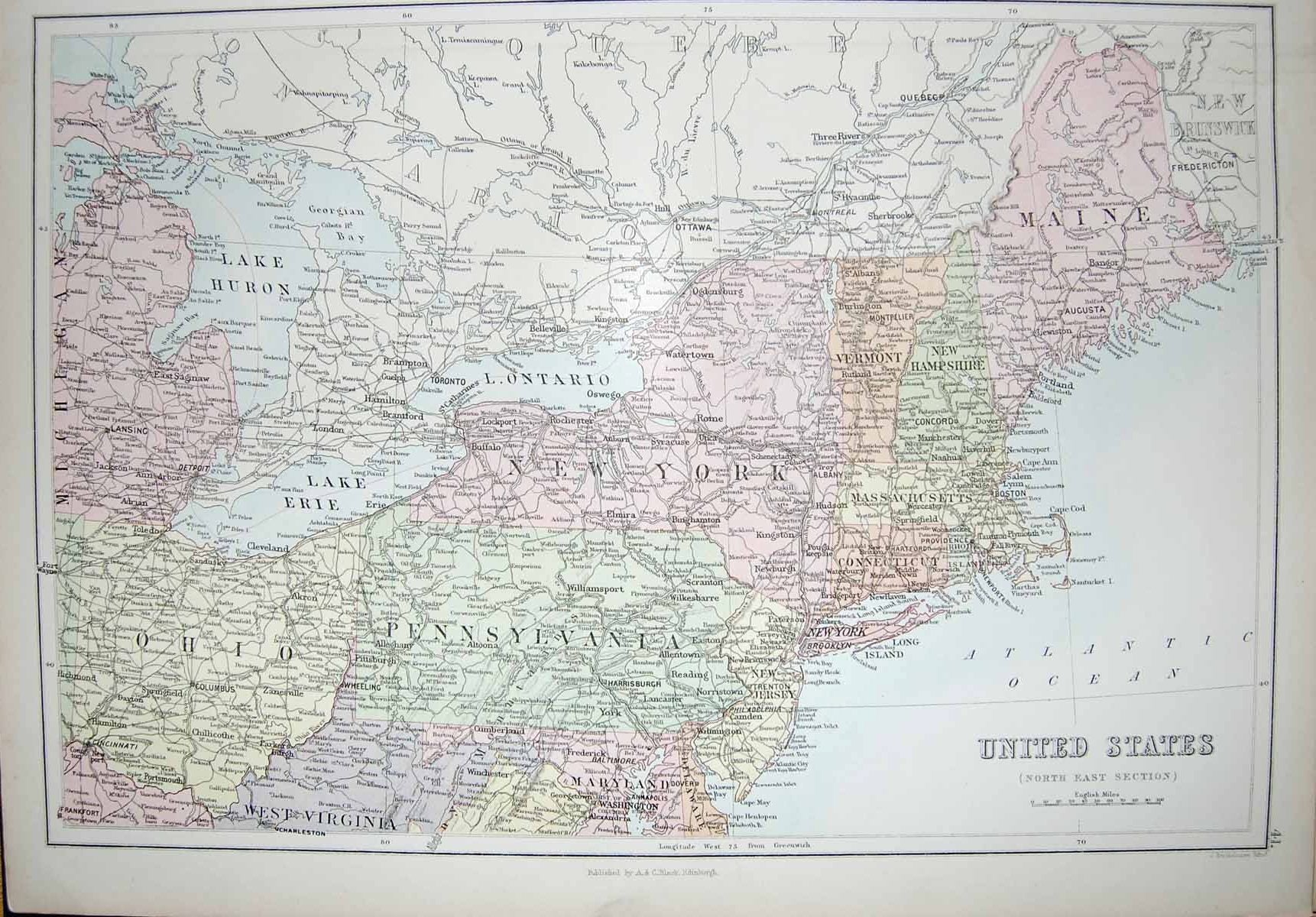 Old Antique Print Black'S Map 1890 United States America New York Vermont 19th