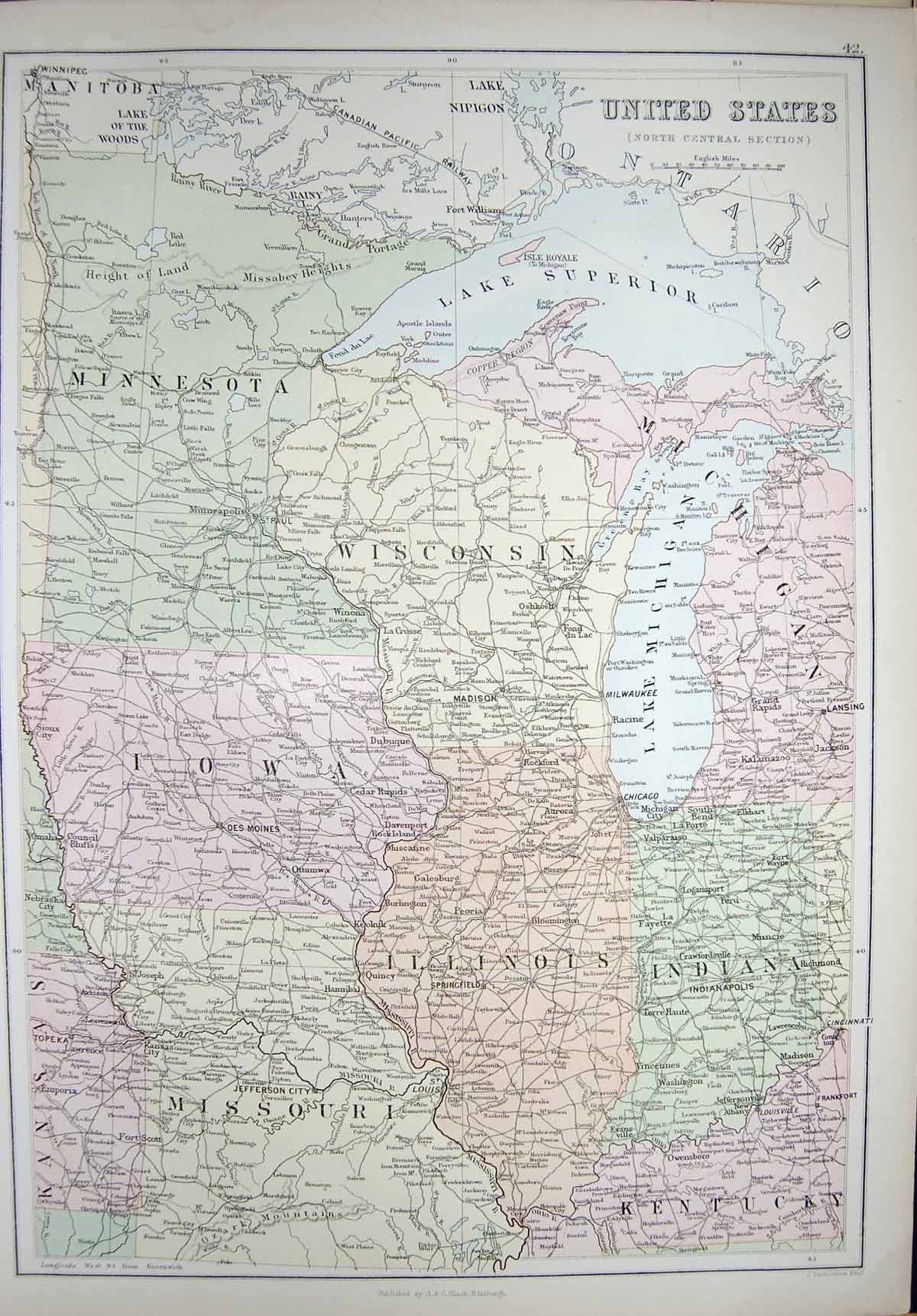 Old Antique Print Black'S Map 1890 United States America Illinois Moines 19th