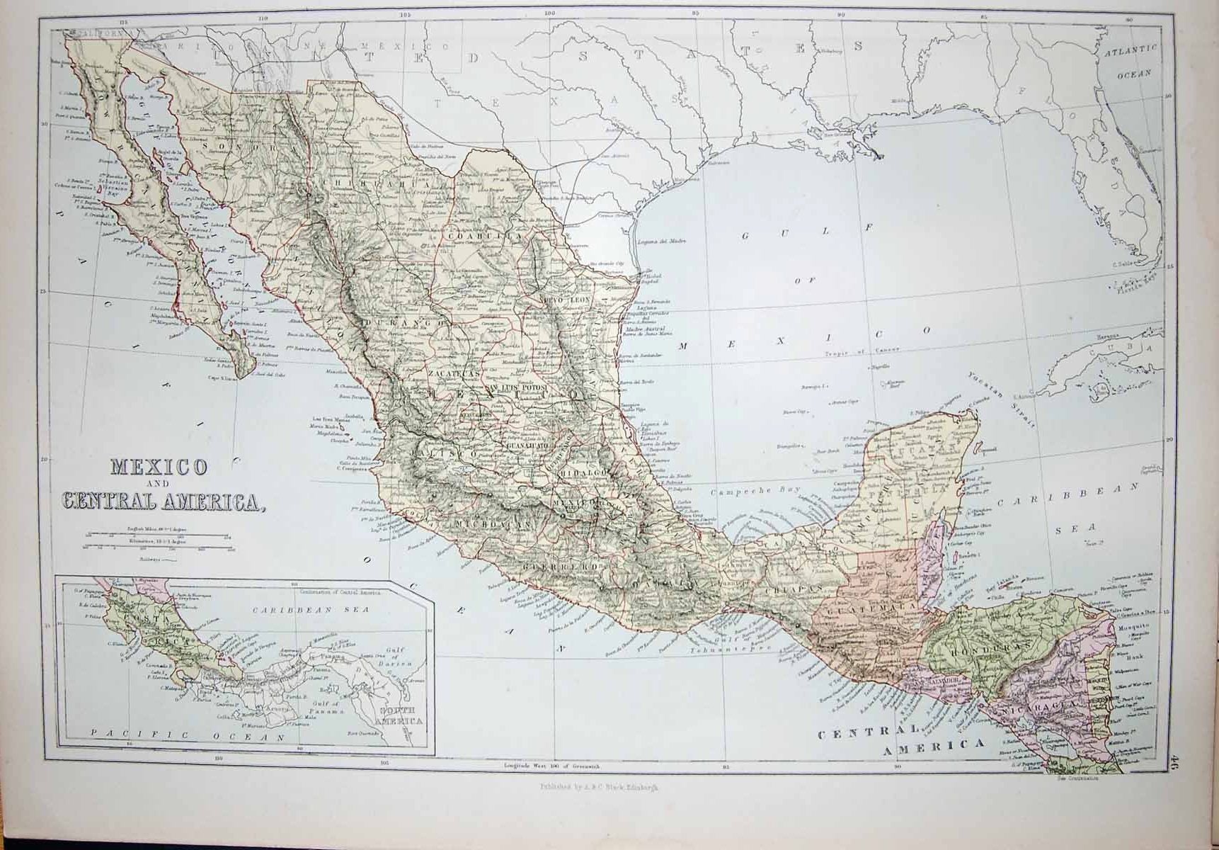 Original Old Antique Print Black'S Map 1890 Mexico America California Caribbean