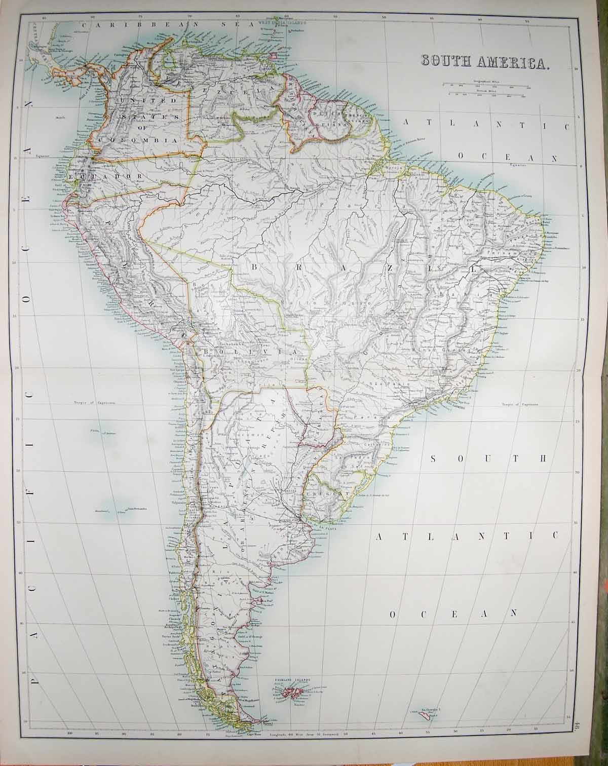 Original Old Antique Print Map 1890 South America Brazil Falkland Bartholomew