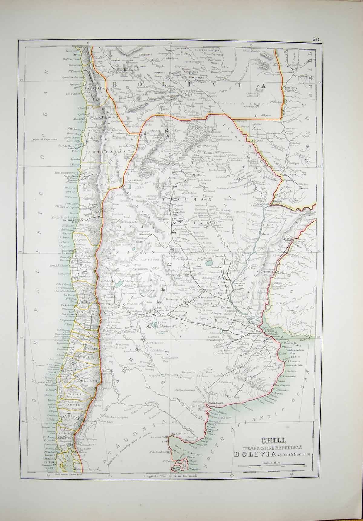 Original Old Antique Print Black'S Map 1890 Chili Argentine Republic Bolivia