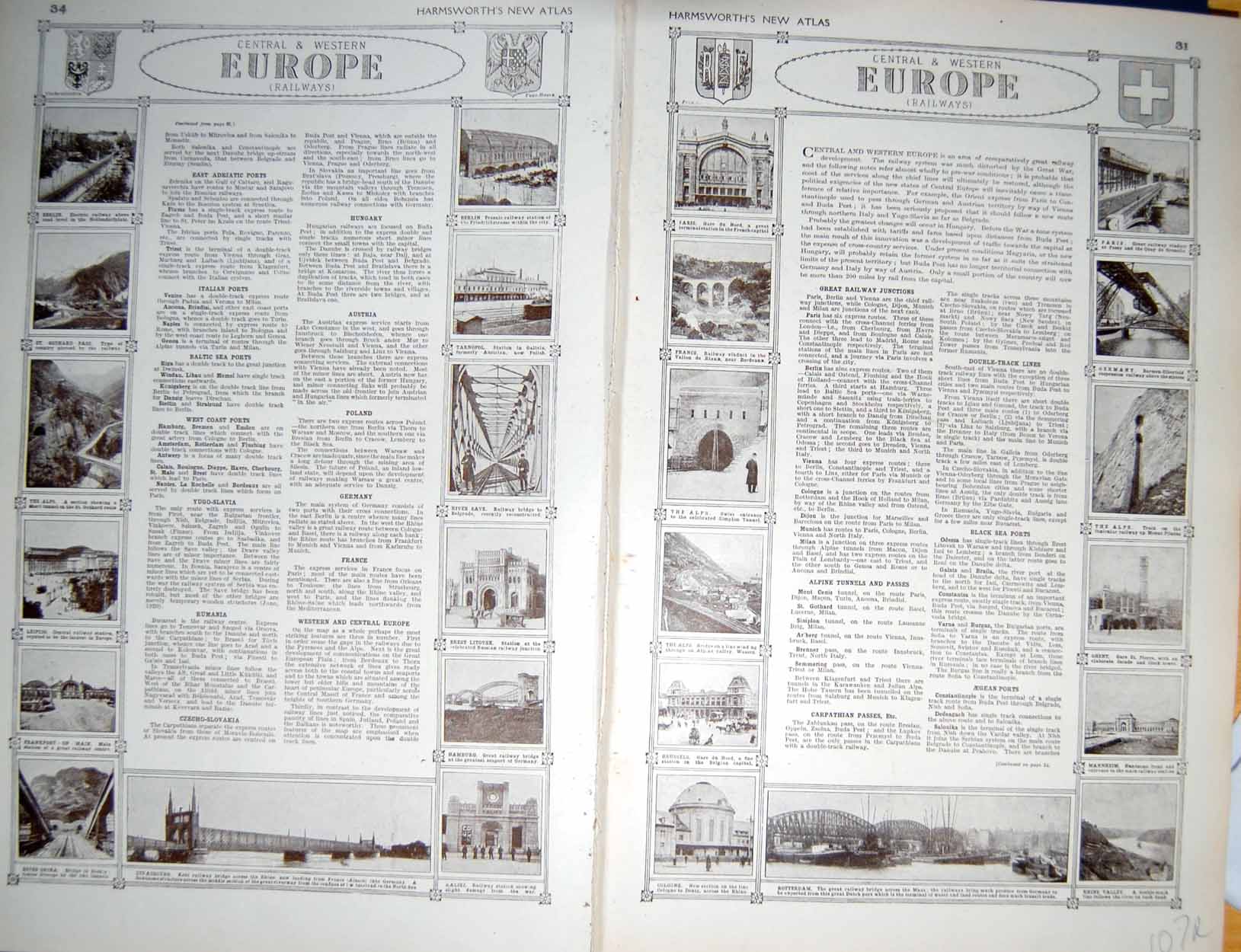 Original Old Vintage Print Map 1922 Europe Railways Rotterdam Mannheim Alps