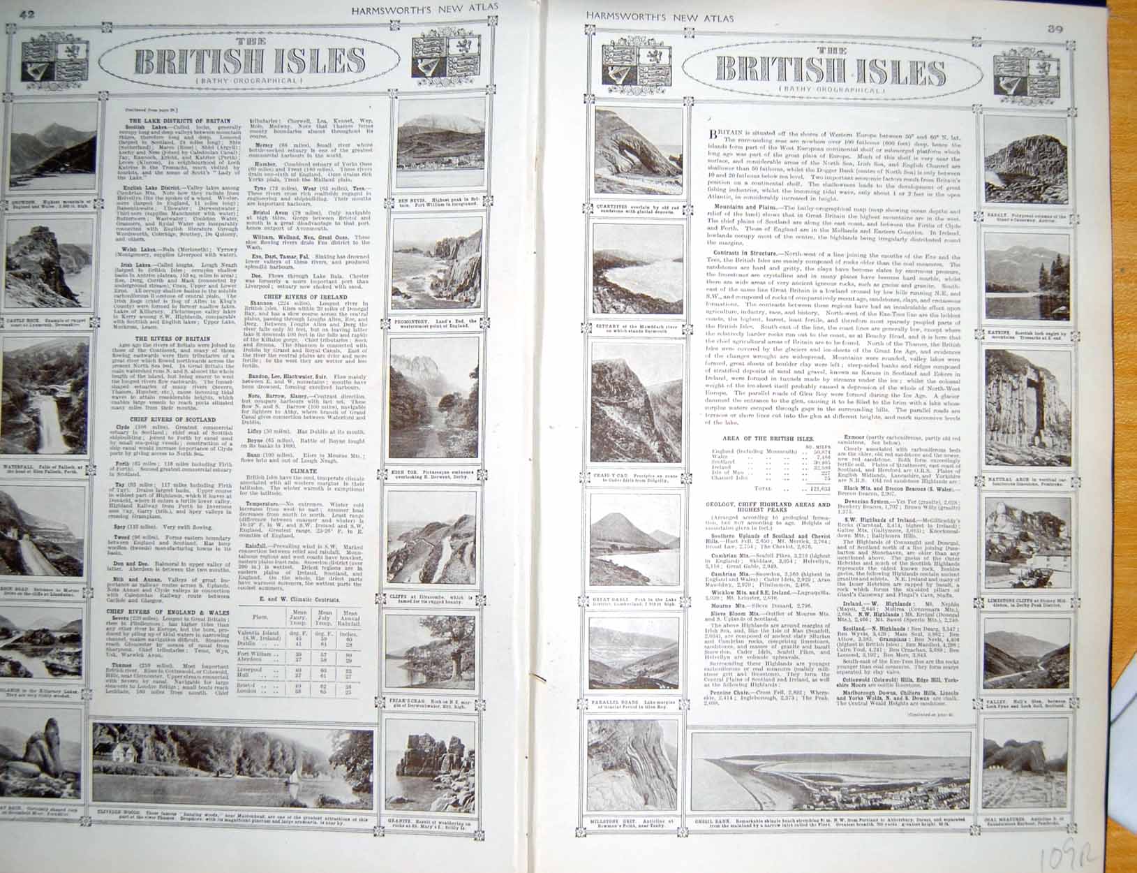 Antique Old Print Map 1922 British Isles Bathy-Orographical Geology Lakes 20th