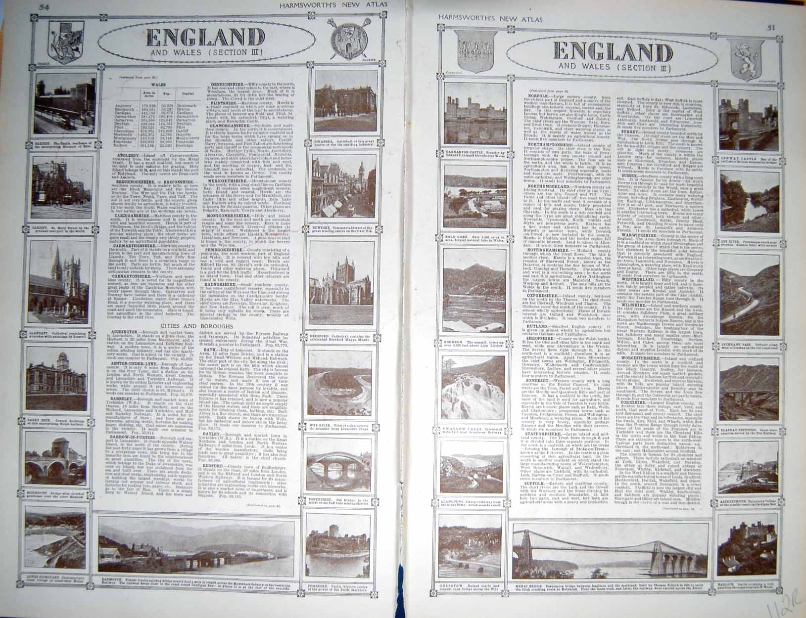 Old Vintage Print Map 1922 England Wales Liverpool Cardiff Menai Bridge 20th