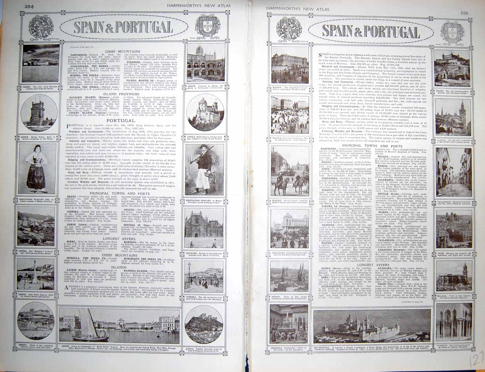 Original Old Vintage Print Map 1922 Spain Portugal Plan Madrid Lisbon Canary
