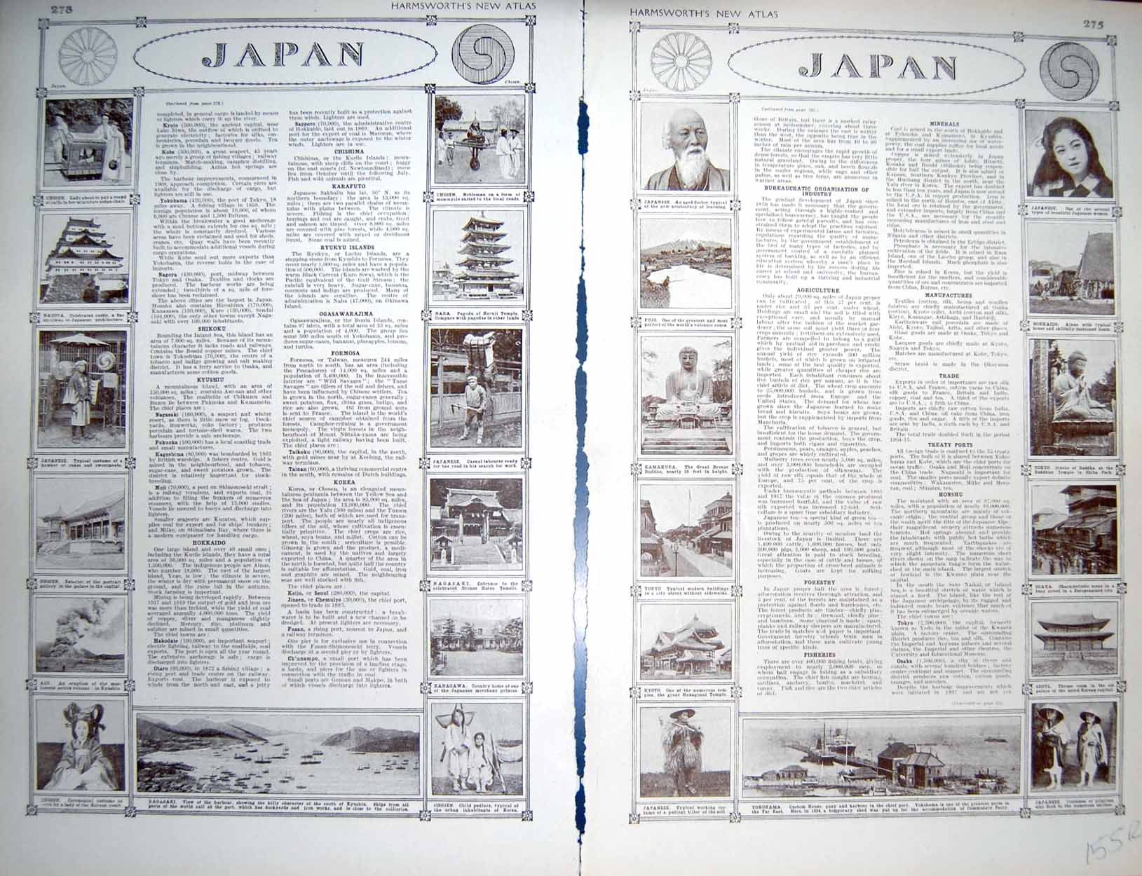 Old Vintage Print Map 1922 Japan Plan Tokyo Lushun Taiwan Yellow Seoul 20th