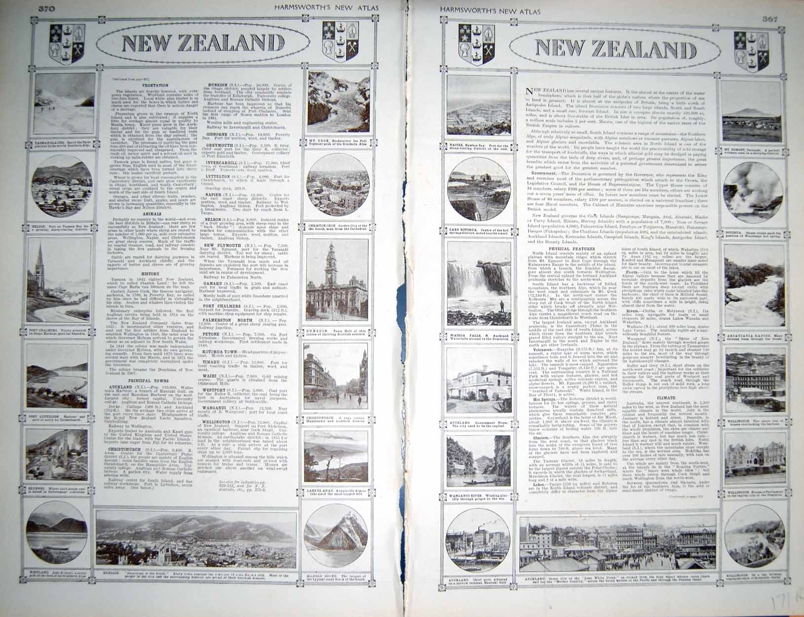 Original Old Vintage Print Map 1922 New Zealand Christchurch Dunedin Auckland