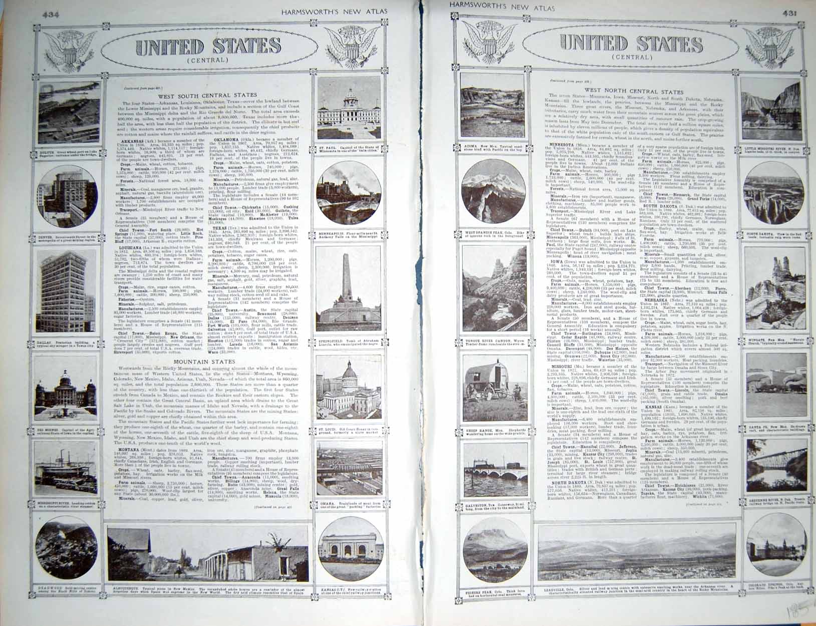 Old Vintage Print Map 1922 United States America Mexico Leadville Dakota 20th