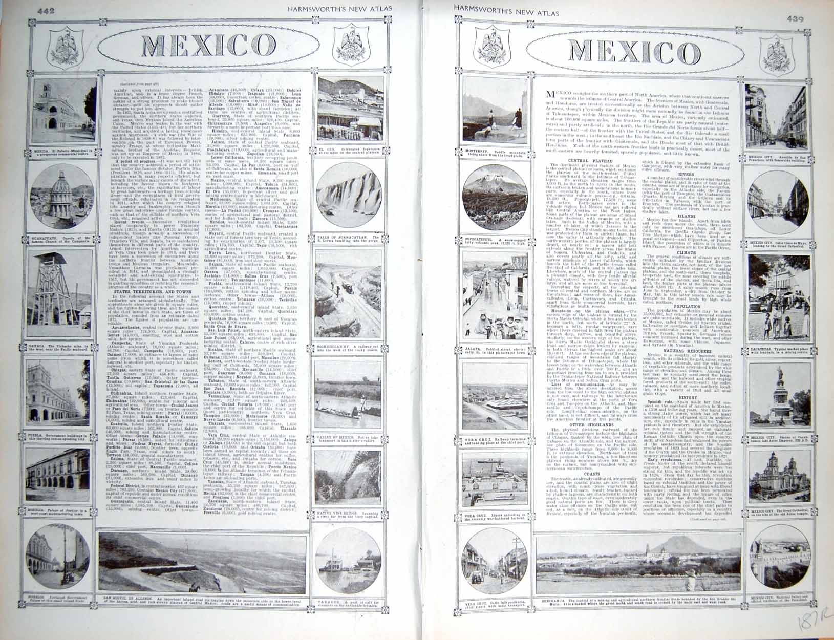 Original Old Vintage Print Map 1922 Mexico North America Vera Cruz Chihuahua