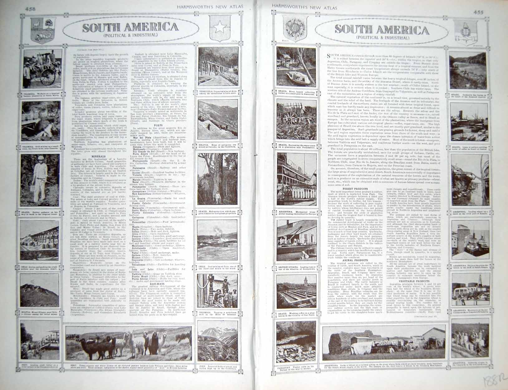 Original Old Vintage Print Map 1922 South America Vegitation Rainfall Industry