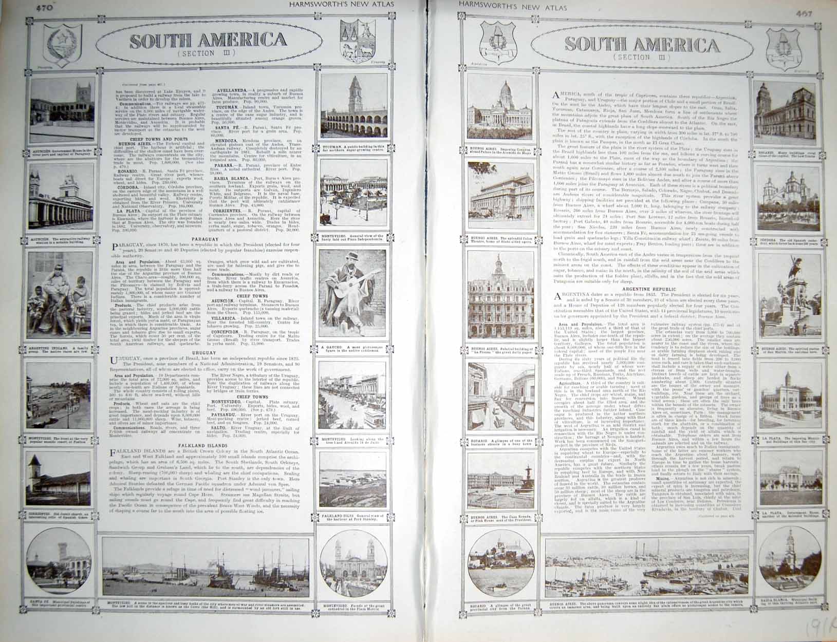 Original Old Vintage Print Map 1922 South America Falkland Buenos Ayres Gaucho