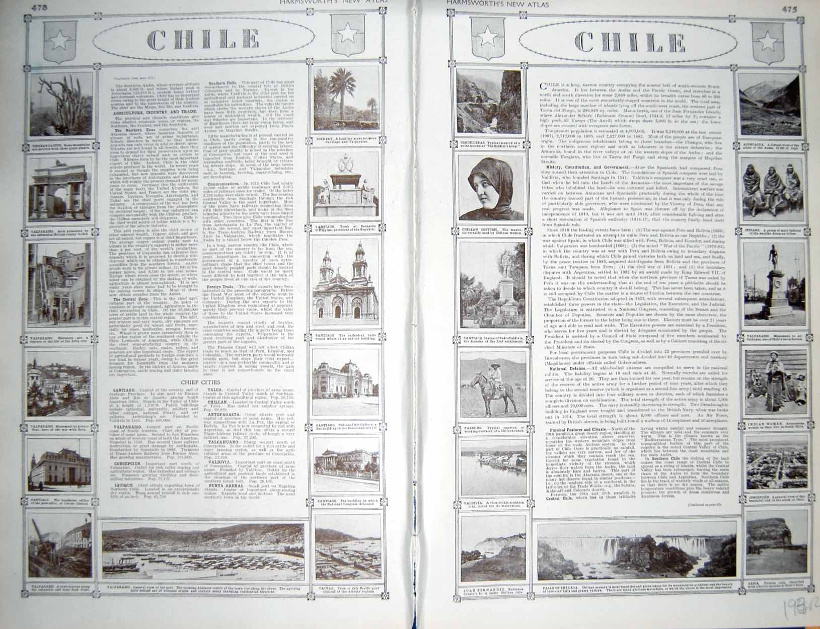 Old Vintage Print Map 1922 Chile Valparaiso Africa Indian Women Industry 20th