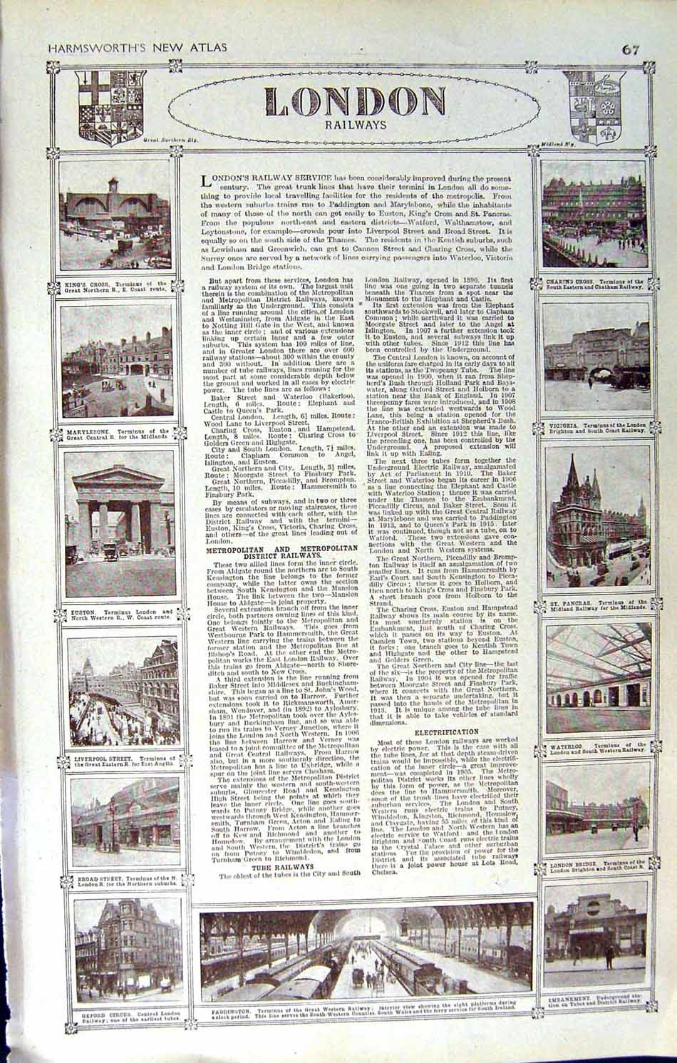 Old Vintage Print Map 1922 London Railways Plan Euston Waterloo Victoria 20th