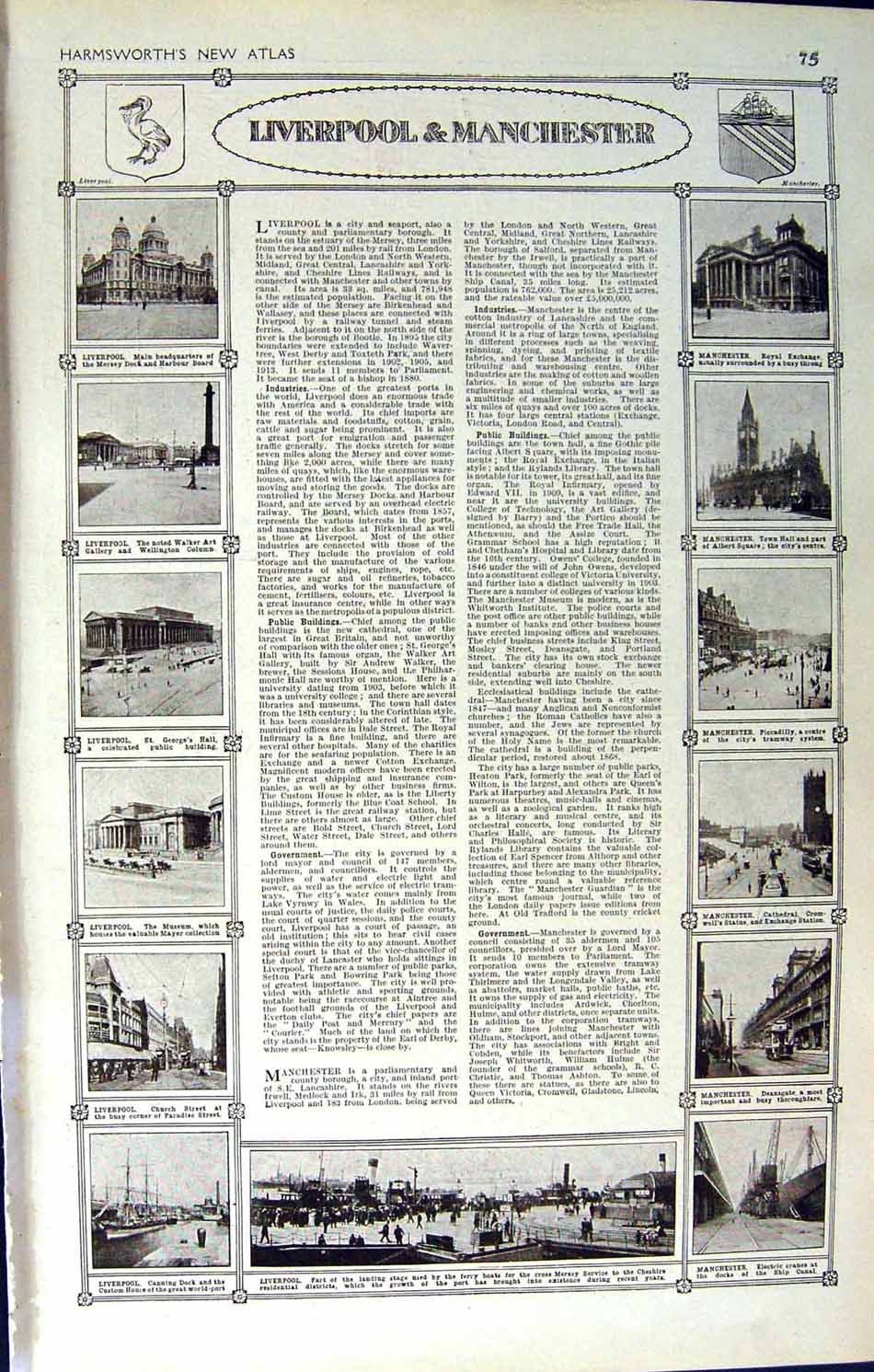 Old Vintage Print Map 1922 Plan Liverpool Manchester Museum Docks Church 20th