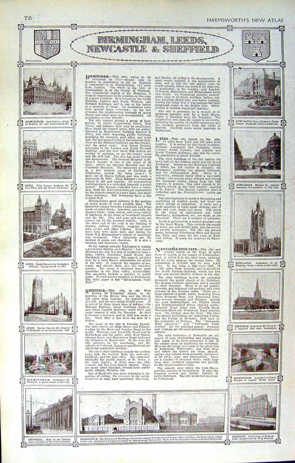 Original Old Vintage Print Map 1922 Plan Leeds Newcastle Sheffield Birmingham
