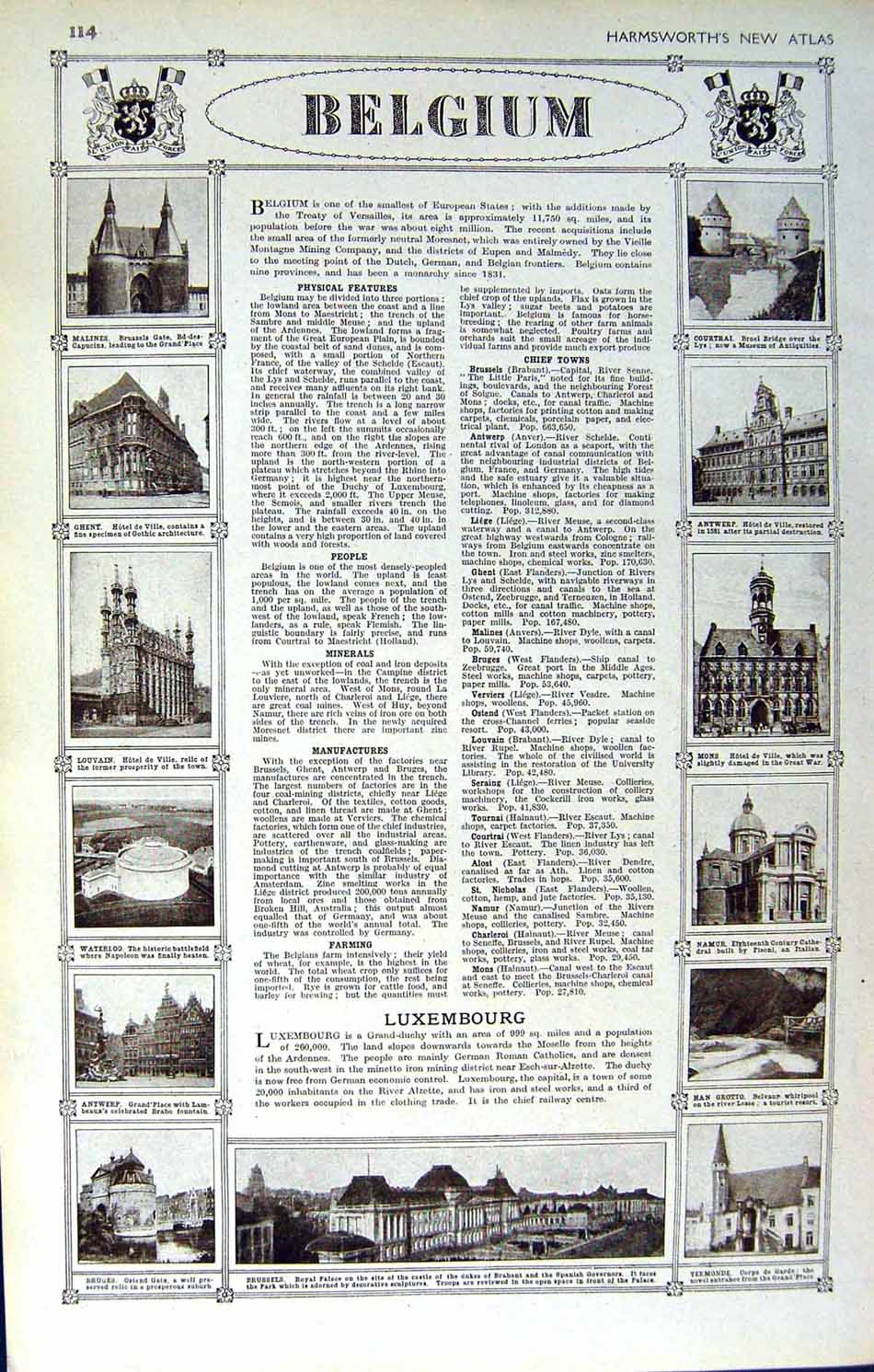 Old Vintage Print Belgium Luxembourg Map 1922 Brussels Antwerp Malines 20th