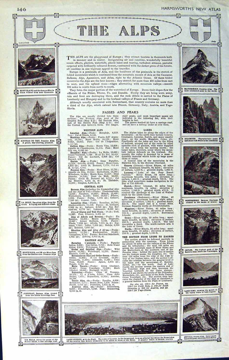 Old Vintage Print Map Alps Mountains 1922 Mont Blanc Lake Lucerne Como 20th