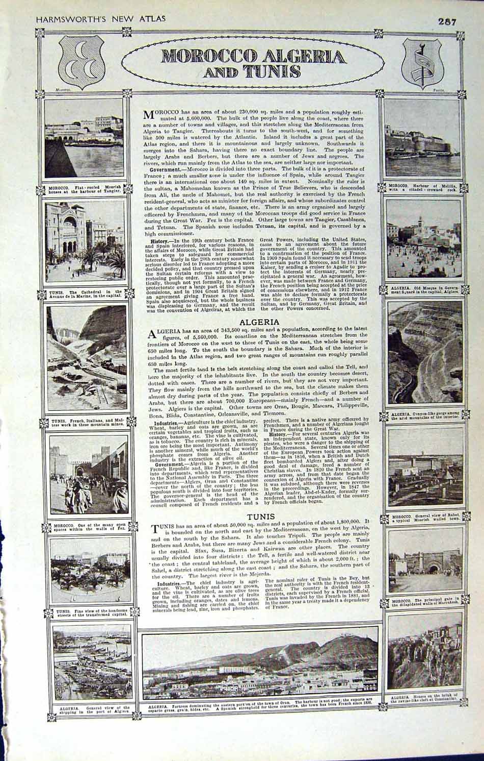 Old Vintage Print Map 1922 Morocco Algeria Tunis Fez Industry Government 20th