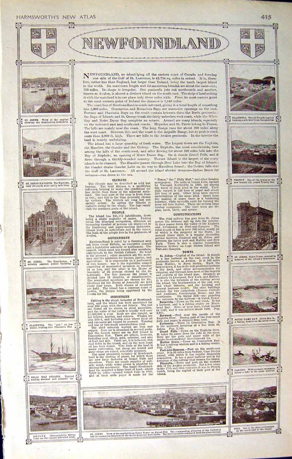 Original Old Vintage Print Map 1922 Newfoundland Plan St. Johns Harbour Fogo