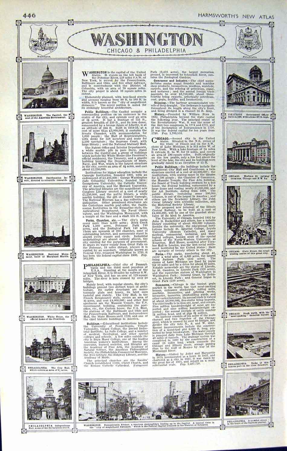 Old Vintage Print Map 1922 America Plan Philadelphia Washington Chicago 20th