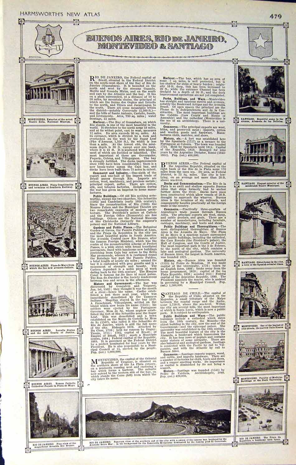 Old Vintage Print Map 1922 Rion Janeiro Buenos Aires Santiago Montevideo 20th