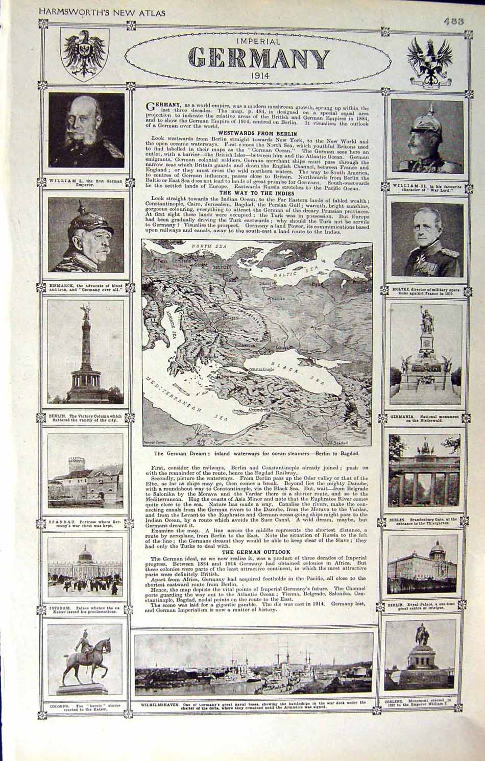 Antique Old Print Map 1922 Imperial Germany World Berlin Bismarck William 20th