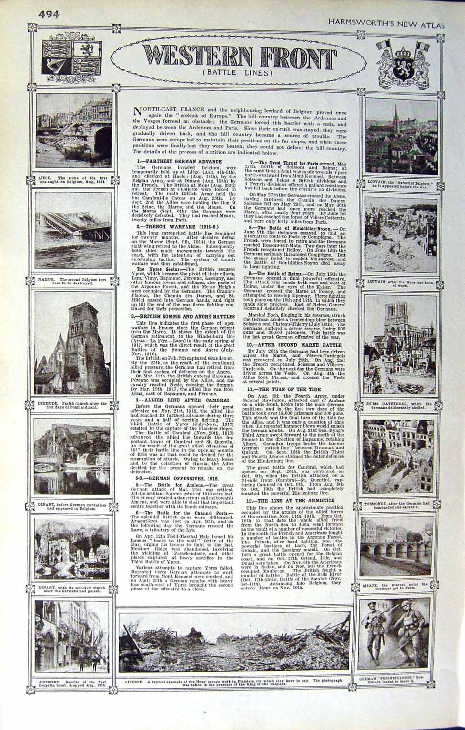 Old Vintage Print Map 1922 Battle Lines Western Front Liege Dinant Meaux 20th