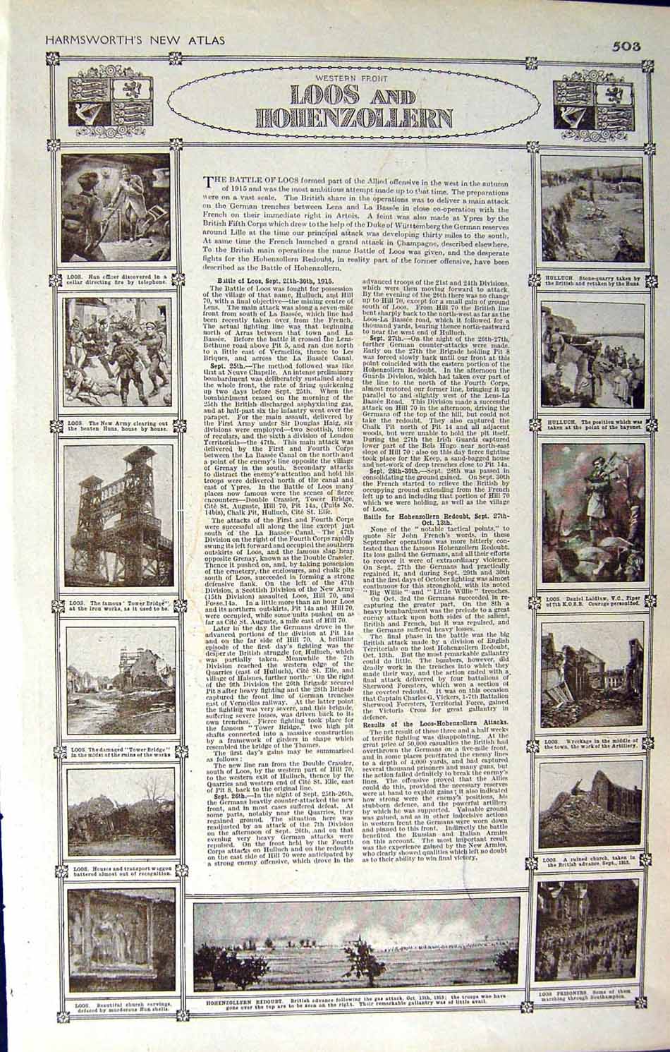 Original Old Vintage Print Map 1922 Western Front Loos Hohenzollern Siers War