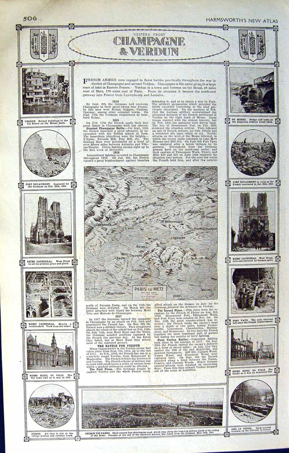 Old Vintage Print Map 1922 Western Front War Champagne Verdun Fort Vaux 20th