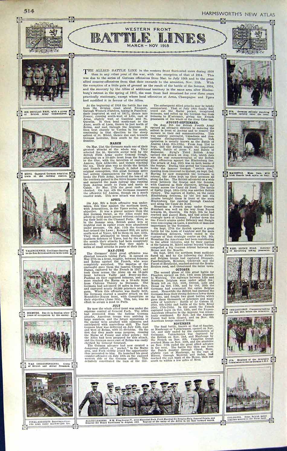 Old Vintage Print Map 1922 Battle Lines Europe Haig Cologne War Petain 20th