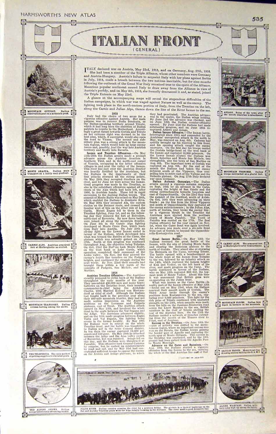 Old Vintage Print Map 1922 Italian Front Trento War Plan Piave Trenches 20th
