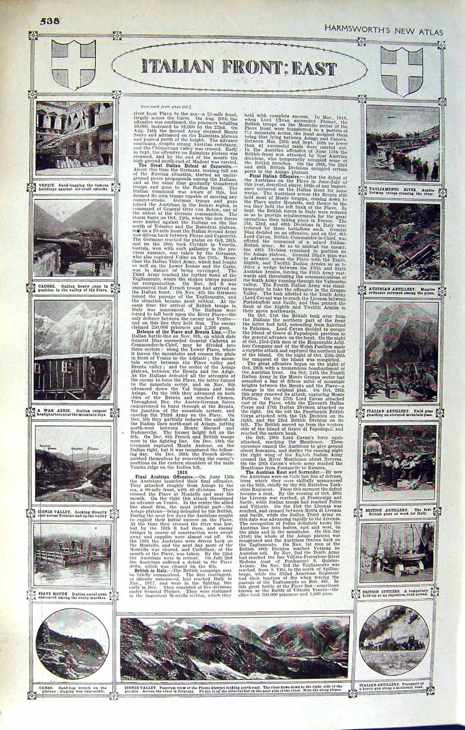 Old Vintage Print Map 1922 Italian Front Isonzo War Triest British Army 20th