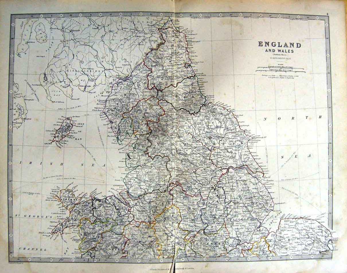 Original Old Antique Print Johnston Map 1888 England Wales Isle Man York 19th