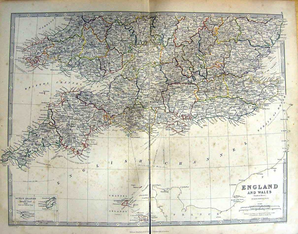 Original Old Antique Print Johnston Map 1888 England Wales Scilly Guernsey 19th