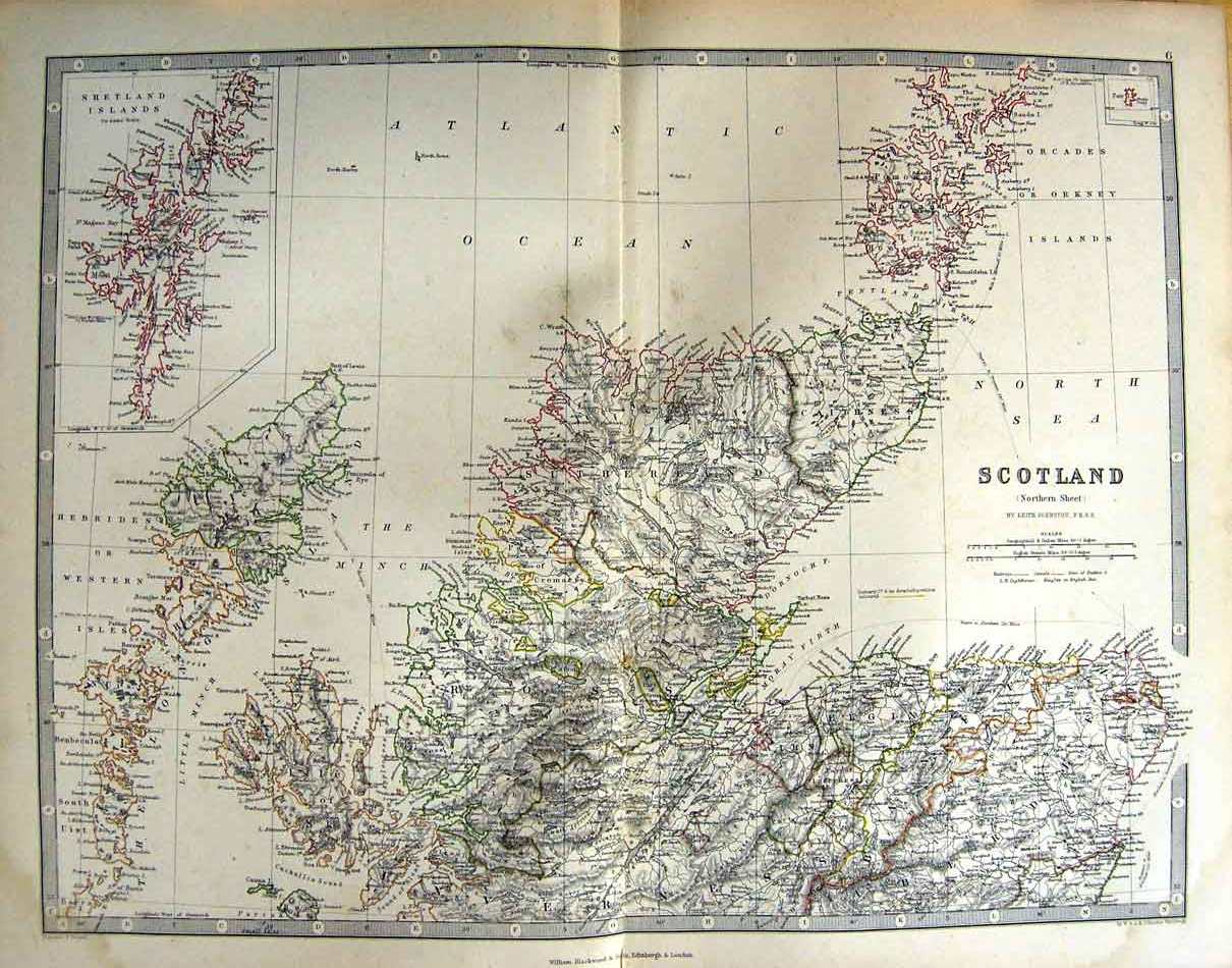 Original Old Antique Print Johnston Map 1888 Northern Scotland Orkney Victorian
