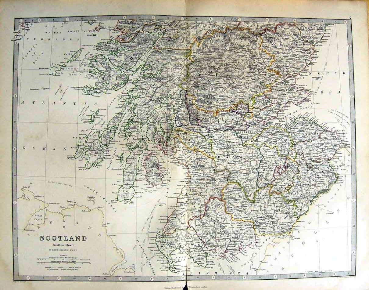 Original Old Antique Print Johnston Map 1888 Southern Scotland Arran Victorian