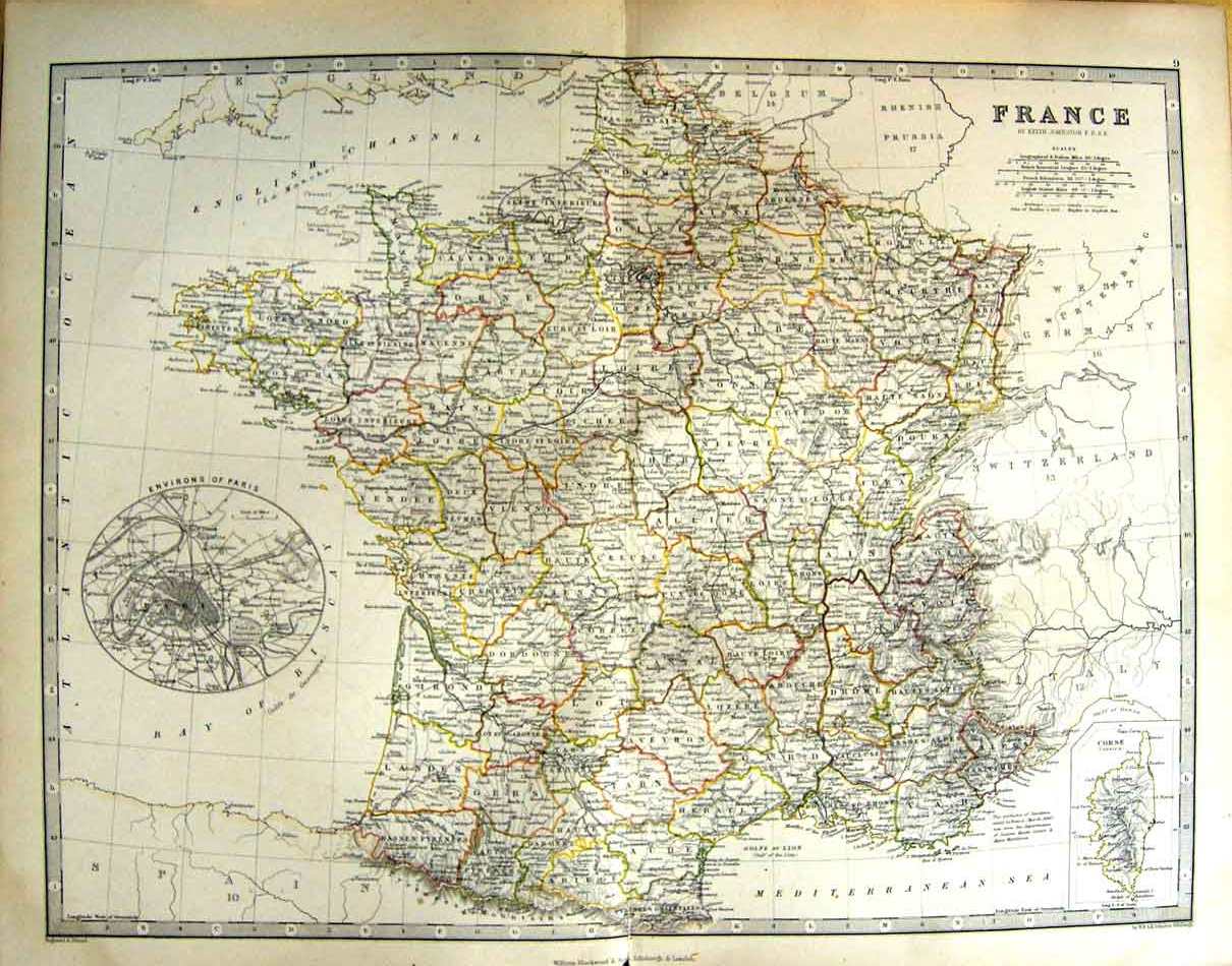 Original Old Antique Print Johnston Map 1888 France Corsica Environs Paris 19th