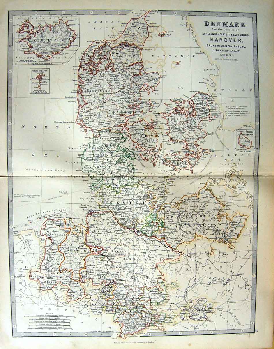 Original Old Antique Print Johnston Map 1888 Denmark Hanover Faroe Iceland 19th