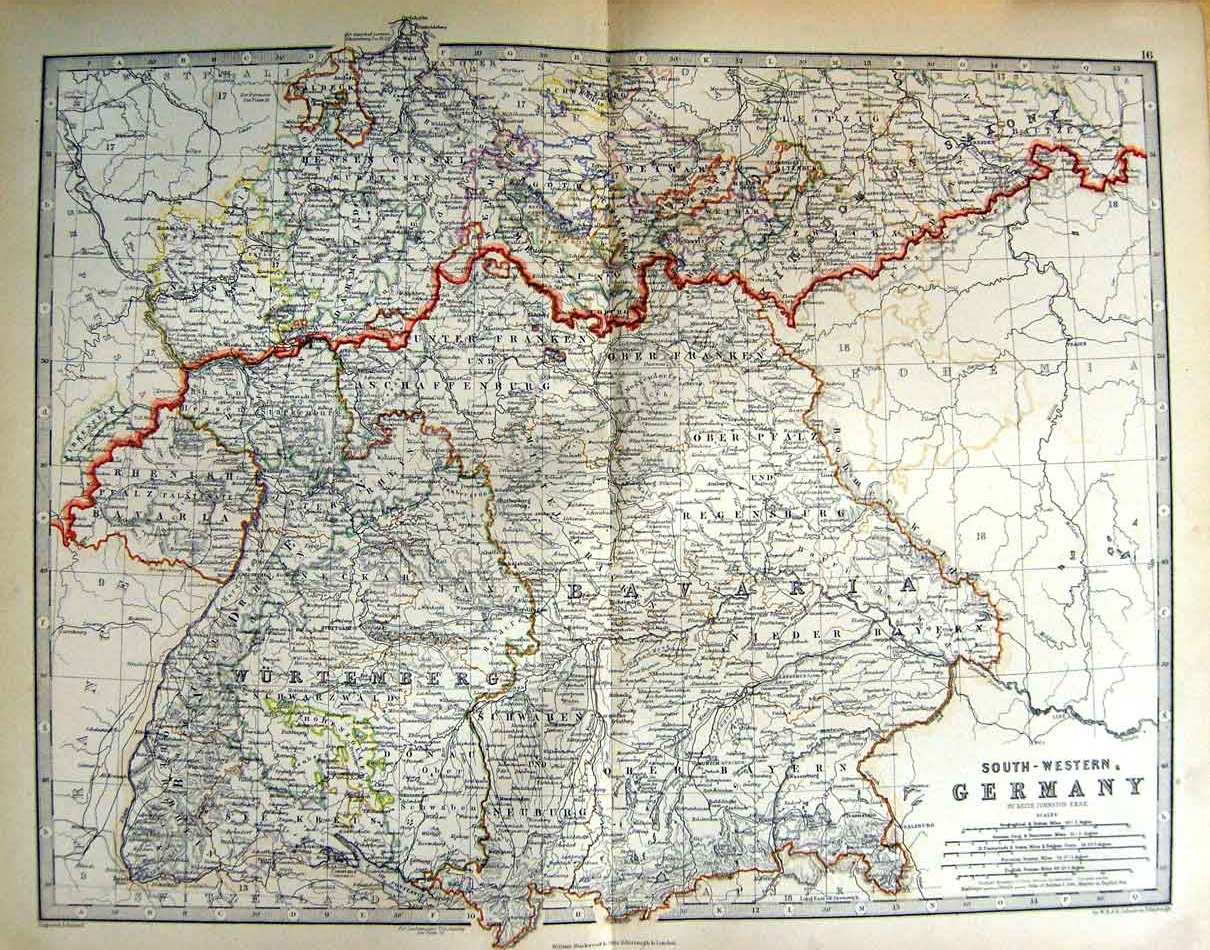 Original Old Antique Print Johnston Map 1888 Germany Wurtemberg Neuburg 19th