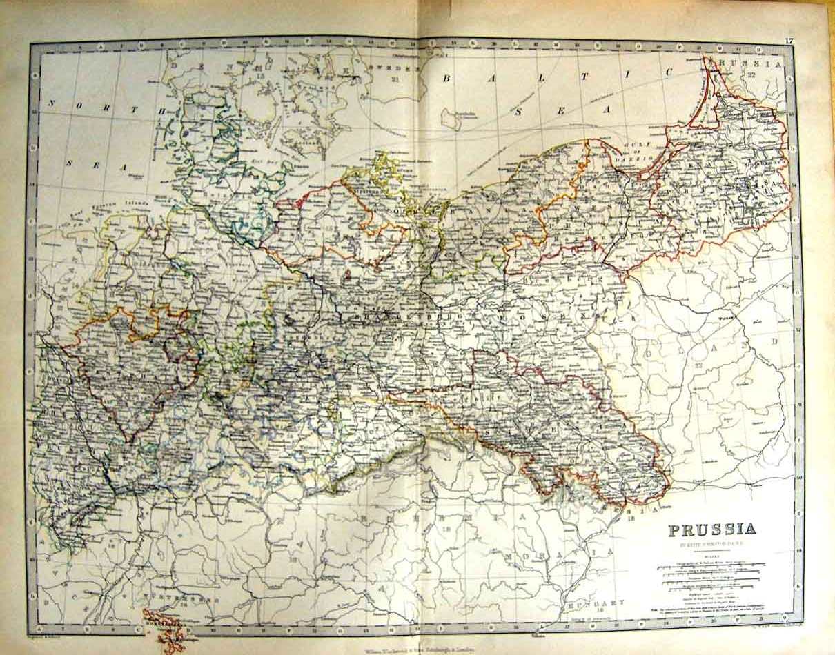 Original Old Antique Print Johnston Map 1888 Prussia Baltic Sea 19th