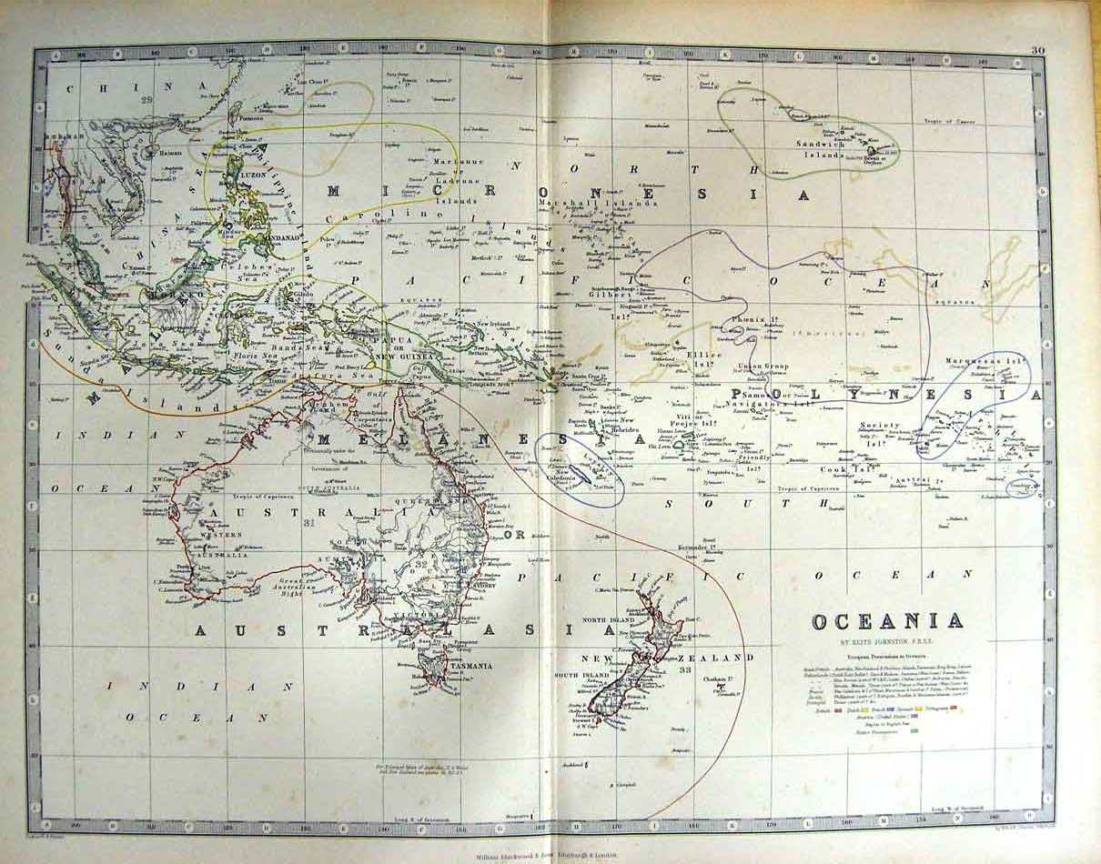 Original Old Antique Print Johnston Map 1888 Oceania Australia New Zealand 19th