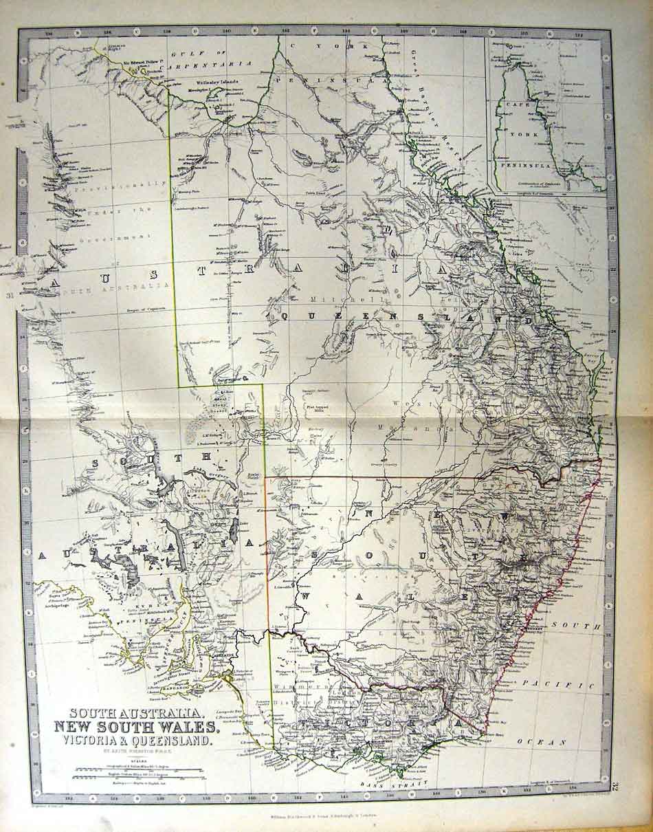 Original Old Antique Print Johnston Map 1888 Australia Victoria Queensland 19th
