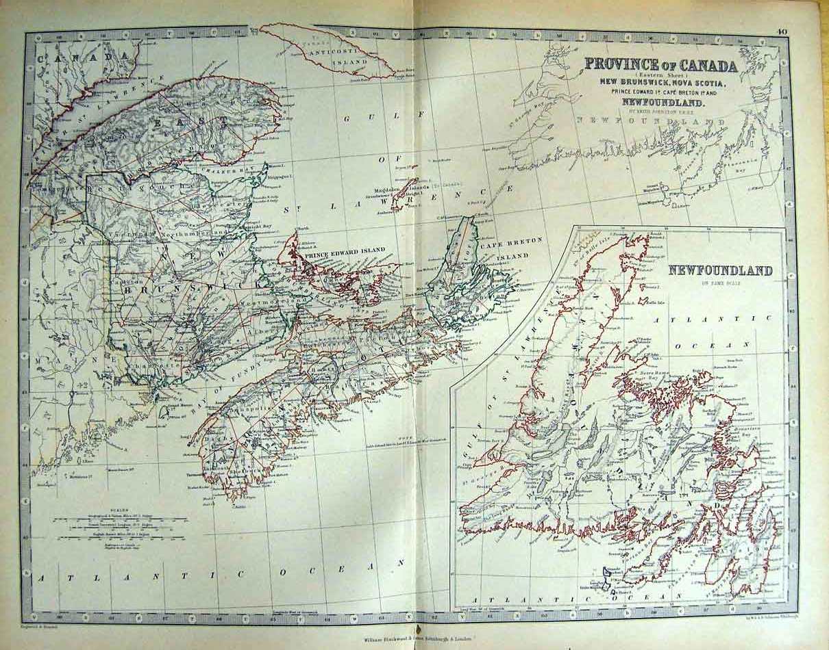 Original Old Antique Print Johnston Map 1888 Canada Newfoundland Scotia 19th