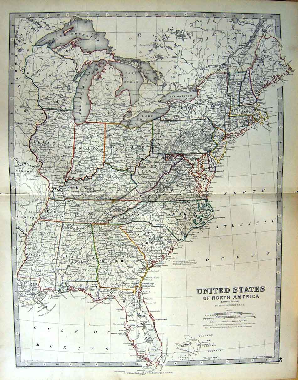 Original Old Antique Print Johnston Map 1888 North America Florida Ohio 19th