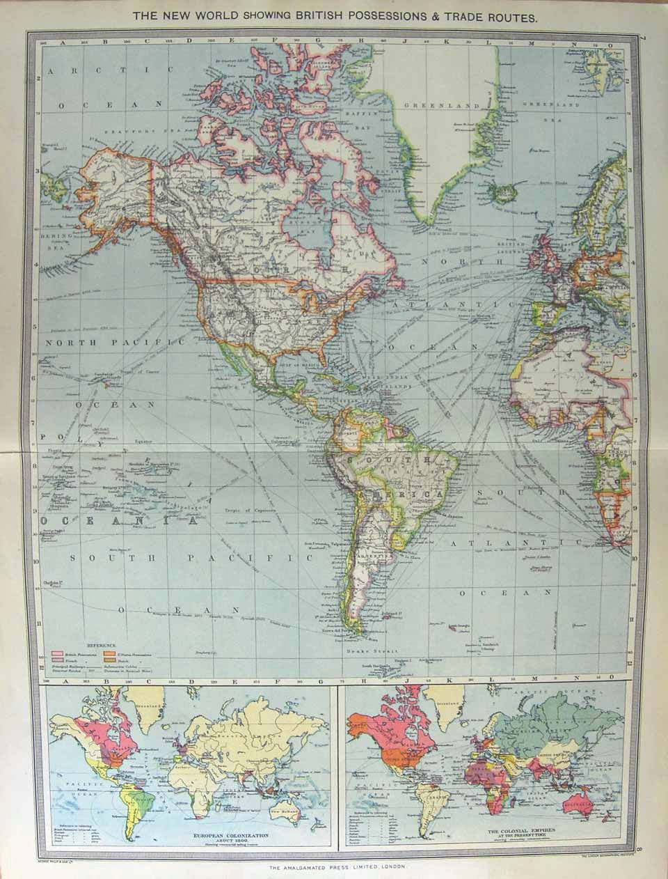 Original Old Antique Print Harmsworth Map 1906 World British Possession Trade
