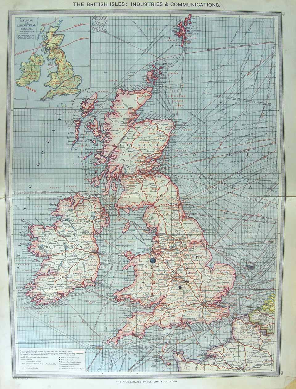 Original Old Antique Print Harmsworth Map 1906 Britain Industry Communications