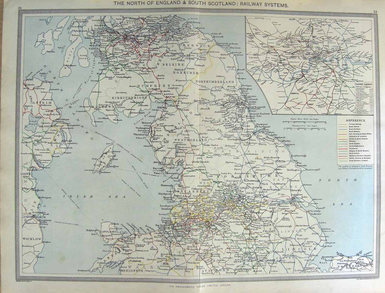 Original Old Antique Print Harmsworth Map 1906 Scotland England Railway Systems