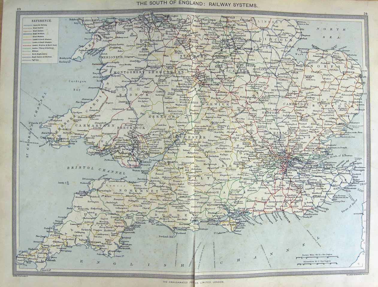 Original Old Antique Print Harmsworth Map 1906 England Railway Systems London