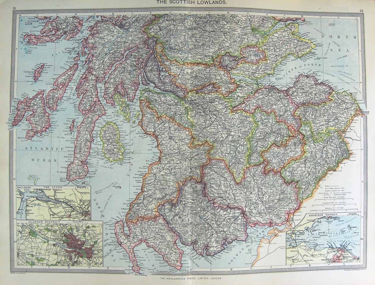 Original Old Antique Print Map 1906 Scotland Lowlands Edinburgh Clyde 20th