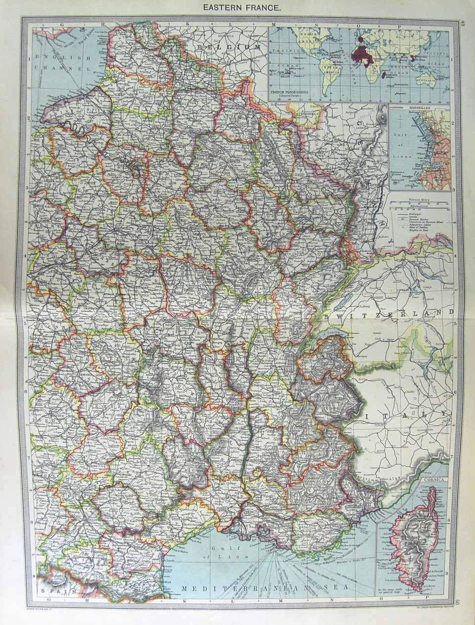 Original Old Antique Print Harmsworth Map 1906 France Maseilles Corsica Paris